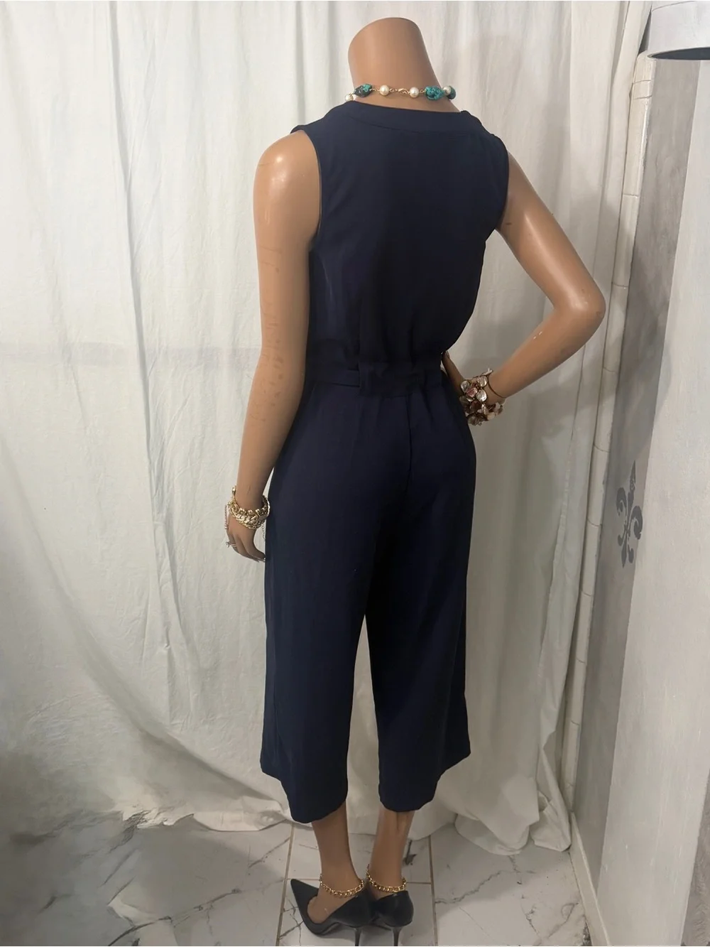 a new day Navy Button-Front Tie Waist Sleeveless Jumpsuit☑️ - Picture 6 of 9